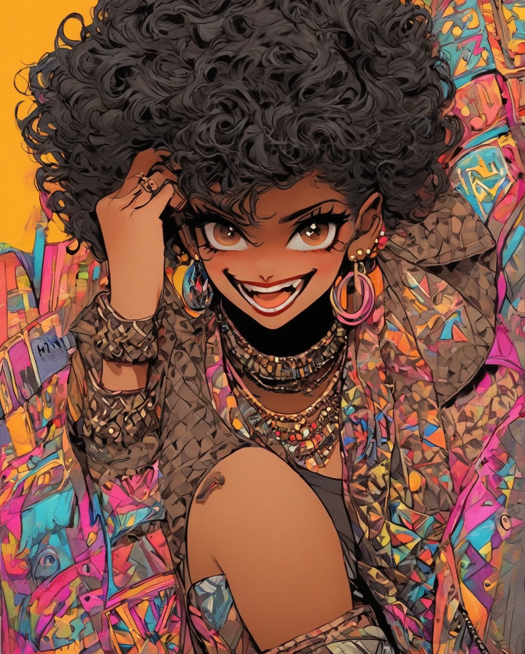 Una mujer rebelde de Arabia Saudita, su cabello negro peinado con un estilo inspirado en el punk rock, complementa sus ojos marrones y su piel bronceada de color marrón claro.. La imagen, posiblemente una pintura vibrante, captura su estilo atrevido y único con precisión. Cada detalle, desde su ropa atrevida hasta su apariencia poco convencional, Exuda un aire de confianza e individualidad.. La alta calidad de la imagen permite a los espectadores apreciar verdaderamente la esencia de su belleza y autoexpresión poco convencionales.