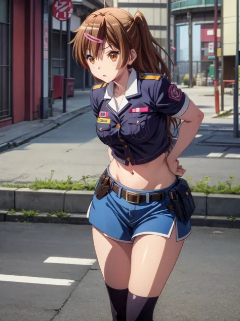 girl, japan police uniform, navel shown, street background, policewoman,