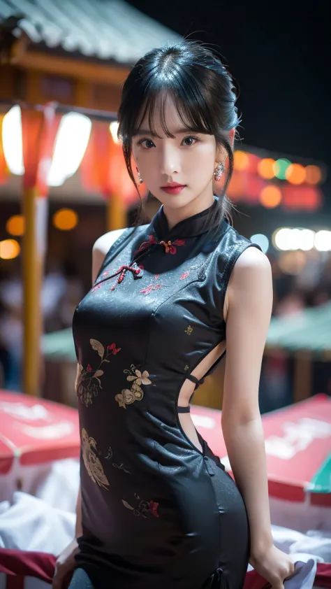 sexy cheongsam, SMALL BREAST, legs, behind, sexy pose, model pose, earring, taiwan night market, windy, hair flying, night, extr...