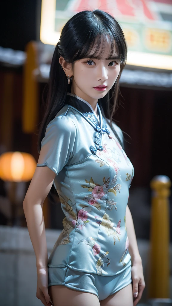 sexy cheongsam, SMALL BREAST, legs, behind, sexy pose, model pose, earring, taiwan night market, windy, hair flying, night, extremely detailed eyes, extremely detailed face, best quality, extremely detailed, one person, one girl, ultra-detailed, (realistic, photo-realistic:1.3)