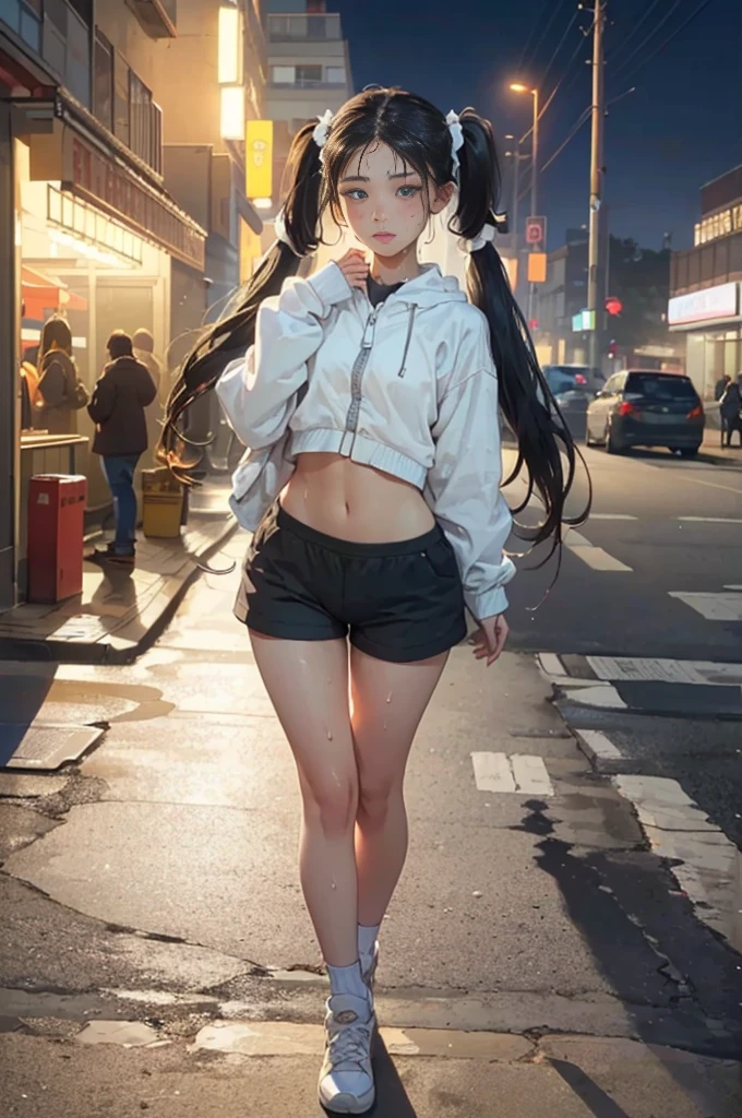 ((Perfect Anatomia:1.2, realisitic:1.4, RAW photograph:1.4, work of art, highest quallity, Ultra - high resolution, high resolution, highly detailed CG, 8K))), 1womanl, standing alone, 18 year old beauty, Japanese, ((beautiful face and detailed eyes:1.3,gorgeous eyes:1.3,grey-eyed)), Bblack hair, long hair, slickedback hair, Ponytail hair, rhombus stripe, blush, (medium breasts, slenderbody, Small head:1.2, skinny), (shining skin:1.4, greasy skin:1.5, shining skin, sweat:1.5), (((micro shorts))), (black sneakers), Pose sexy, at night, in a park, moonlights, (((((gazing at viewer))))), (((((centred))))), (((head in the photo))), {(((((full-body-shot:1.1)))))}, ((((standing))), (((twin tails)))
