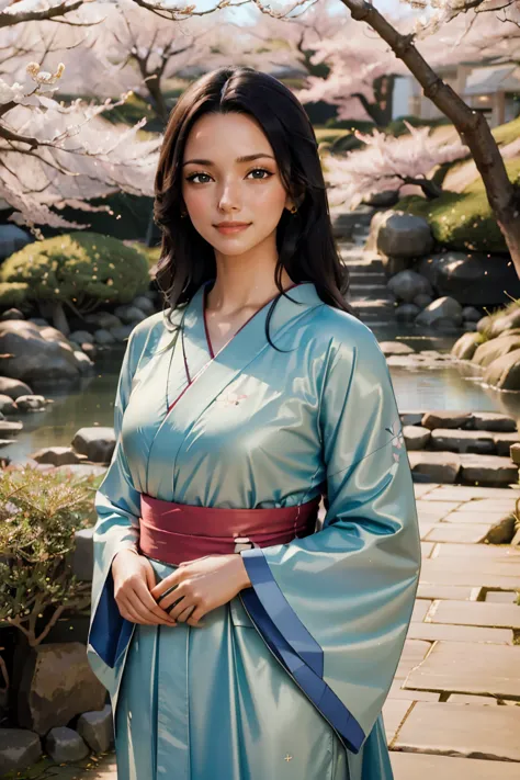 ((best quality)), ((masterpiece)), ((realistic)), girl with flawless beauty standing in a serene japanese garden with cherry blo...