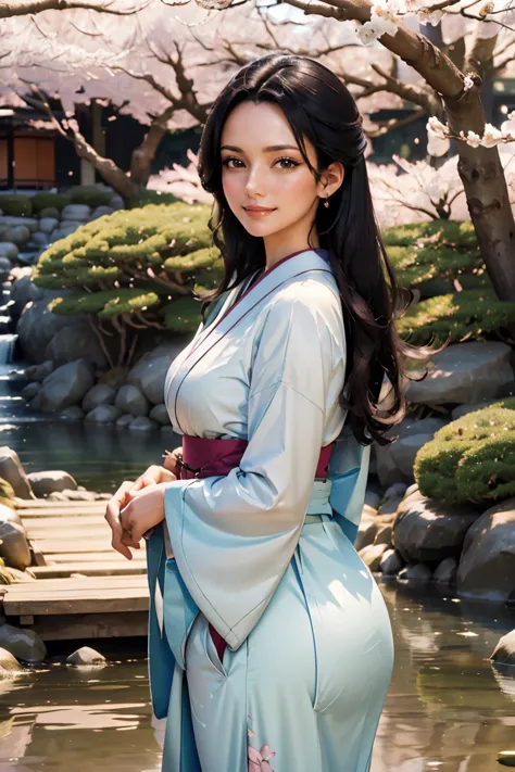 ((Best quality)), ((masterpiece)), ((realistic)), Girl with flawless beauty standing in a serene Japanese garden with cherry blo...