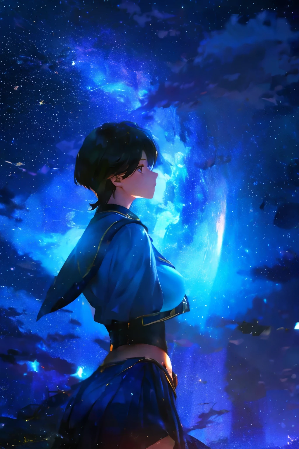 1 person、A fighting girl gazing at the stars（Zoom out：1.1）、（Meteors：1.2）、（comet：1.1）、yourname、Low angle、From the back、Alolan Volaris Shooting Star、uniform、Cherry tree、The highest quality in the industry、masterpiece、cloud、colorful、Starry Sky、performer、Fantasy
