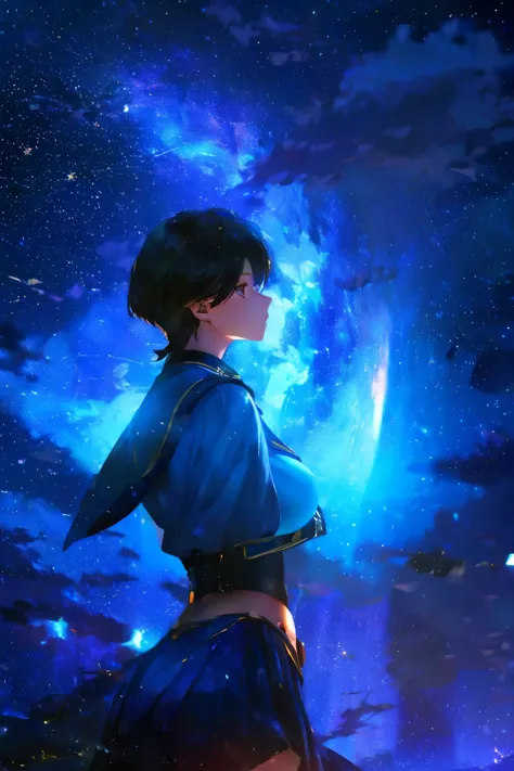1 person、A fighting girl gazing at the stars（Zoom out：1.1）、（Meteors：1.2）、（comet：1.1）、yourname、Low angle、From the back、Alolan Vol...