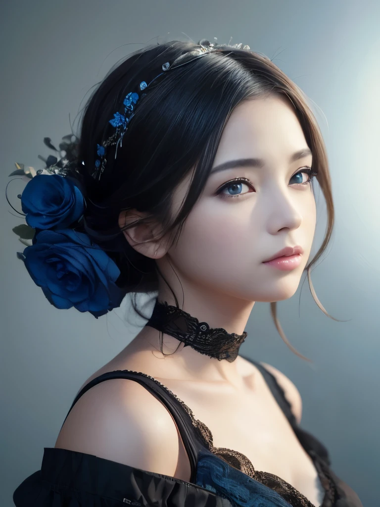 obra de arte、ultra-alta definição、Mulher de vestido preto e azul、meio corpo、Arte digital altamente detalhada em 8K、Arte digital detalhada em 8K、Arte digital realista 8k、リアルなArte Digital 16K、Ilustrações digitais incríveis、Lindo retrato de menina SF、SF mulheres&#39;s Retratos、Arte Digital 16K、Delicado rosto bonito da menina、Olhos limpos、olhos brilhantes、cílios longos、Macio, textura de pele branca e sedosa、super detalhado、ilustração de retrato épico  