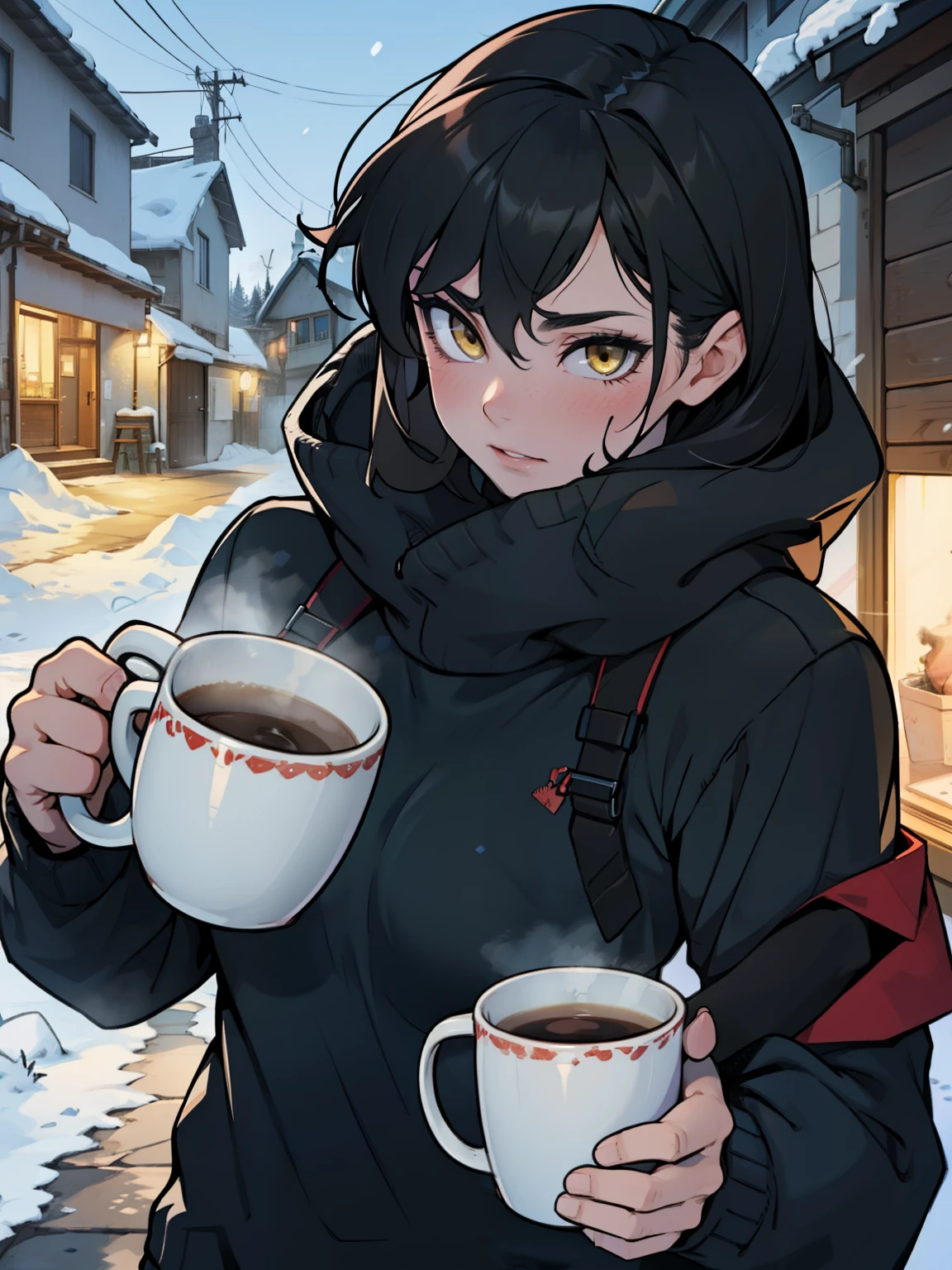 girl muscular girl breasts breasts breasts pale skin black hair yellow eyes baggy sweater at home mug winter clothes snow outside