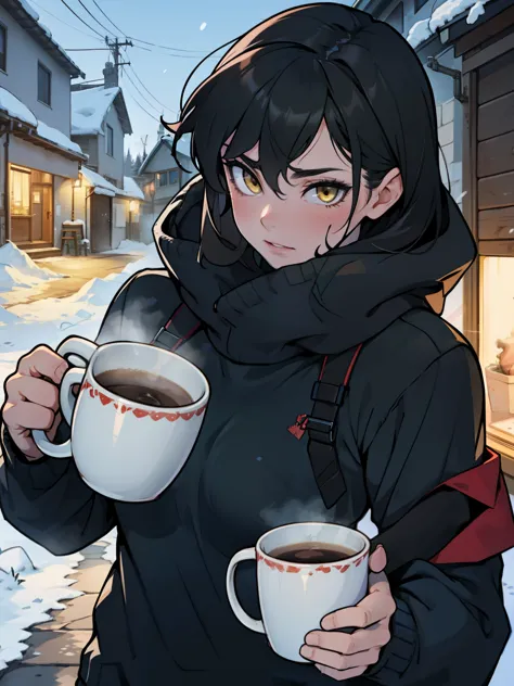 girl muscular girl breasts breasts breasts pale skin black hair yellow eyes baggy sweater at home mug winter clothes snow outsid...
