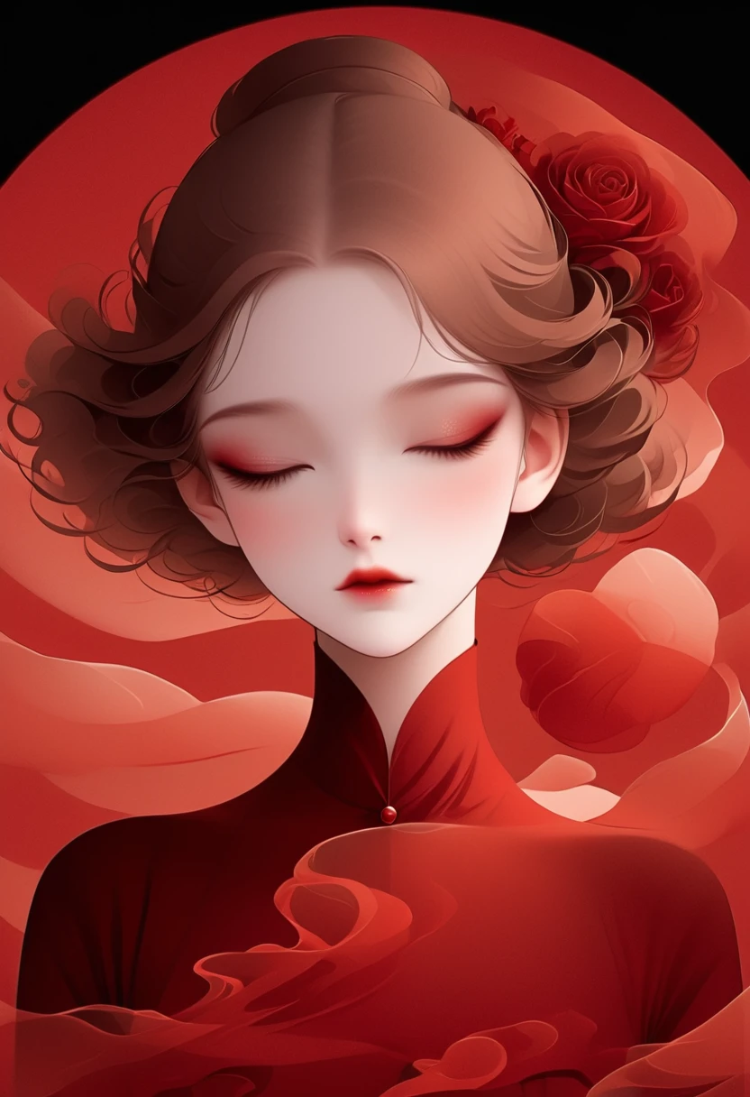 (masterpiece, best quality:1.2), 1 girl, Solitary,Pretty Face，Red Lipoism Art Nouveau，Illustration style，Black and red