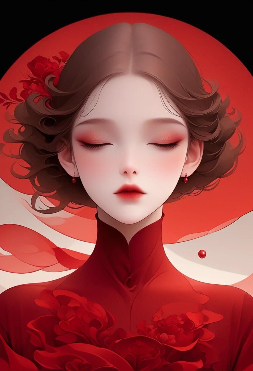 (masterpiece, best quality:1.2), 1 girl, Solitary,Pretty Face，Red Lipoism Art Nouveau，Illustration style，Black and red