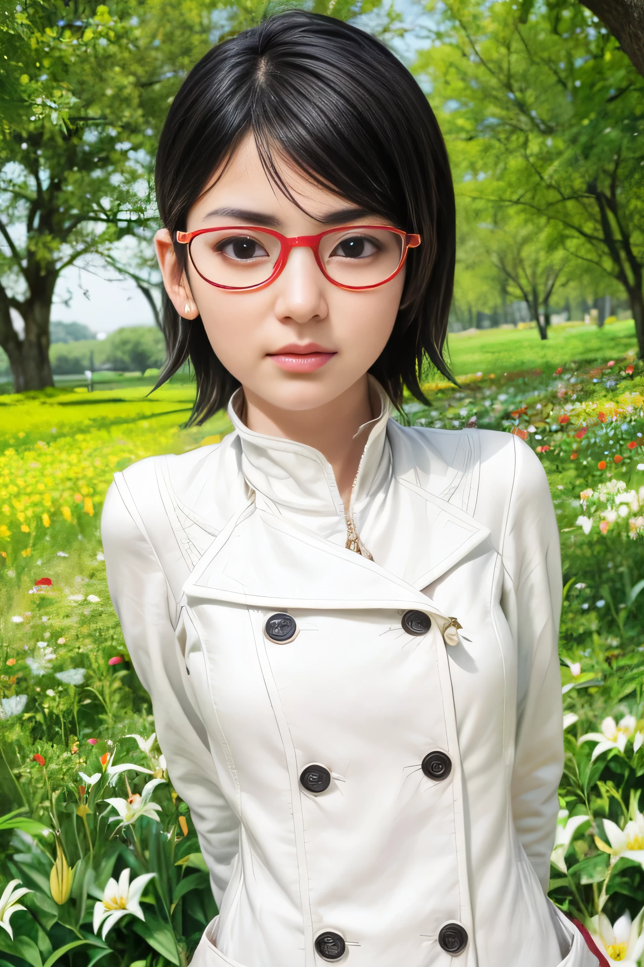 masterpiece, best quality, (realistic,photo-realistic:1.4), (RAW photo:1.2), extremely detailed CG unity 8k wallpaper, delicate and beautiful, amazing,finely detail, official art, absurdres, incredibly absurdres, huge filesize, ultra-detailed,extremely detailed eyes and face,light on face,(little smile),(black hair:1.4),(wearing white coat:1.4),(very short hair:1.4),nature,sarada uchiha ,(wearing red framed glasses:1.4),(lily flower yard background:1.4),white turtleneck