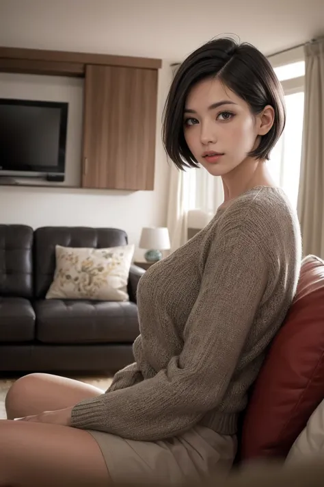 handsome woman with short hair ,living room