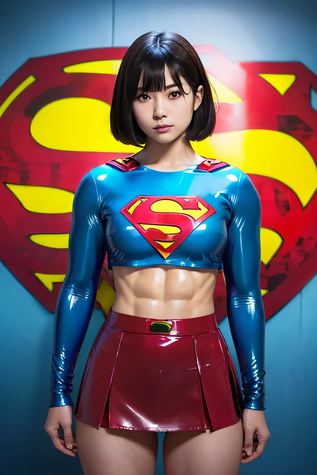((Highest quality)), ((masterpiece)), (Realistic details,Tabletop:1.0,High resolution:1.2,Realistic:1.4,8K, RAW Photos:1.2),(Very small breasted Japanese women:1.25), Beautiful, symmetrical single eyelids:1.22,18-year-old idol face with simple and beautiful light Ulzzang makeup:1.2,(Beautiful medium-short black hair with bangs:1.3),Thin and slightly pale eyebrows,(Detailed fair skin:1.2),((A bright and busy intersection:1.4,Bokeh:1.25)),((Frontal head to knee cowboy shot:1.2)),(Bodybuilding Poses:1.18),Spotlight from below:1.3,(((A super tight, super short cropped long sleeve top in shiny blue latex with a Superman S on her very small chest, showing off her abs:1.58,Shiny red latex fabric super short skirt:1.65))),((Very small breasts:1.8)), (((Very slender, very skinny model body:1.85))),(Short torso:1.38),(Broad shoulders:1.3),(Narrow waist:1.45),(Trained little buttocks:1.23),(Muscular limbs:1.32),(Very thin thighs:1.52),(The hip bones are visible:1.42),((Fine abdominal muscles:1.72)),(The groin is visible:1.4)

