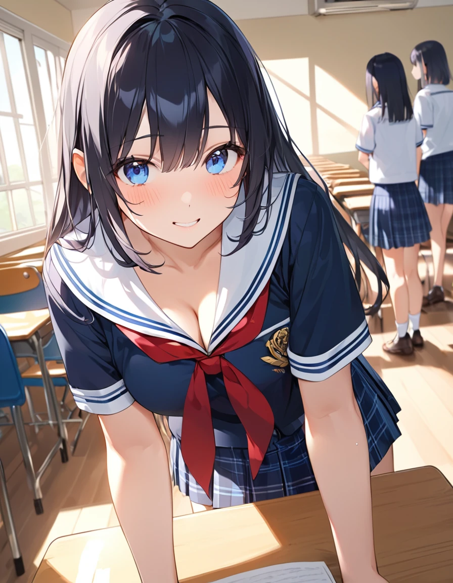 (Highest qualityのイラスト:1.2), (cute女の子:1.1), (1 girl、17 years old、Highest qualityのイラスト:1.2), (1 girl、Kind eyes、blue eyes:1.2)、Black Hair、Semi-long hair、(Highest quality、Very detailed、cute、Ultra-high resolution) 、High School Uniform｛Sailor suit、Red neckerchief、Short sleeve、Navy Pleated Skirt、Cleavage)、School classroom、Slightly larger breasts