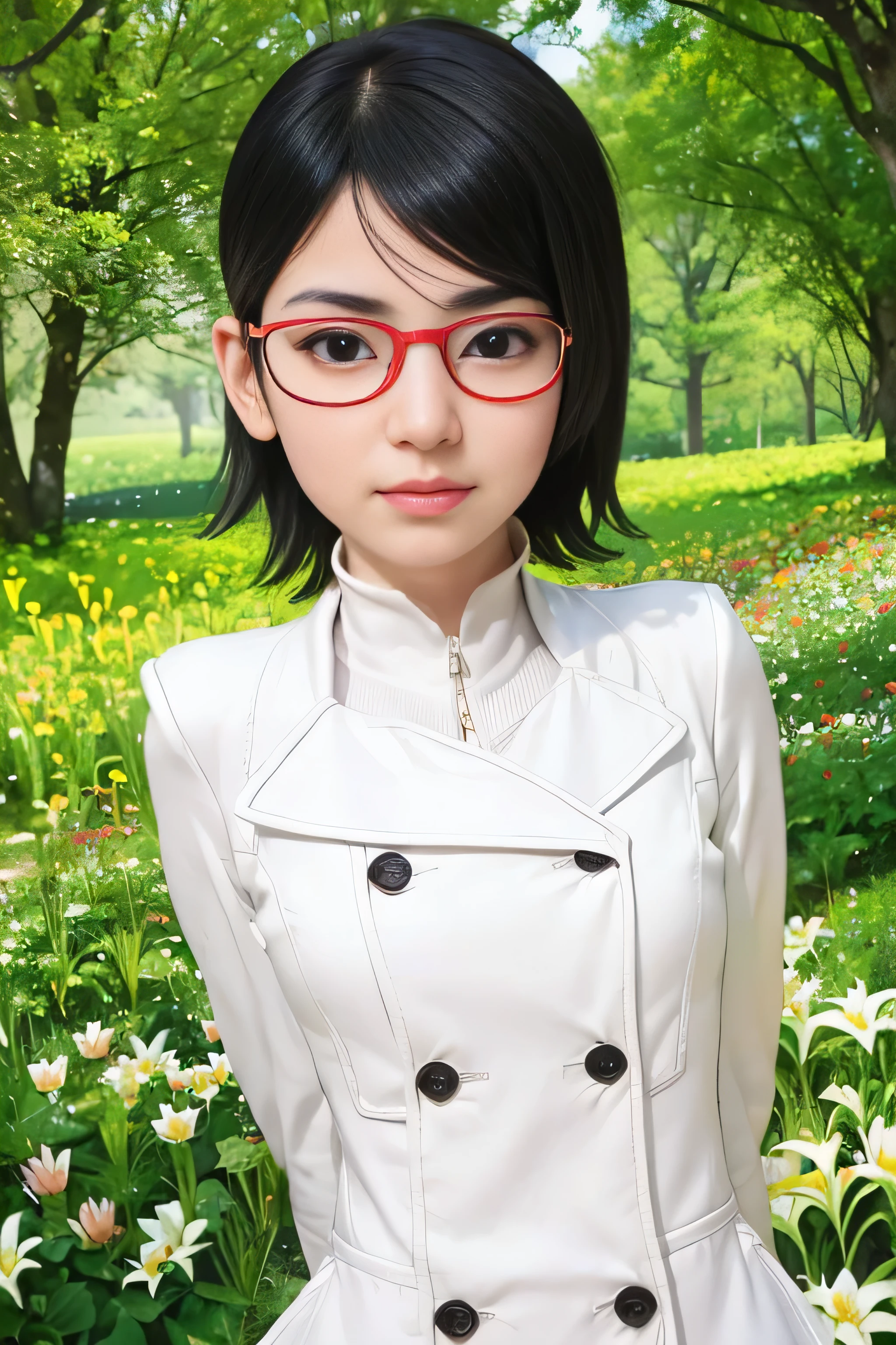 masterpiece, best quality, (realistic,photo-realistic:1.4), (RAW photo:1.2), extremely detailed CG unity 8k wallpaper, delicate and beautiful, amazing,finely detail, official art, absurdres, incredibly absurdres, huge filesize, ultra-detailed,extremely detailed eyes and face,light on face,(little smile:1.2),(black hair:1.4),(wearing white coat:1.4),(very short hair:1.4),nature,sarada uchiha ,(wearing red framed glasses:1.4),(lily flower yard background:1.4),white turtleneck