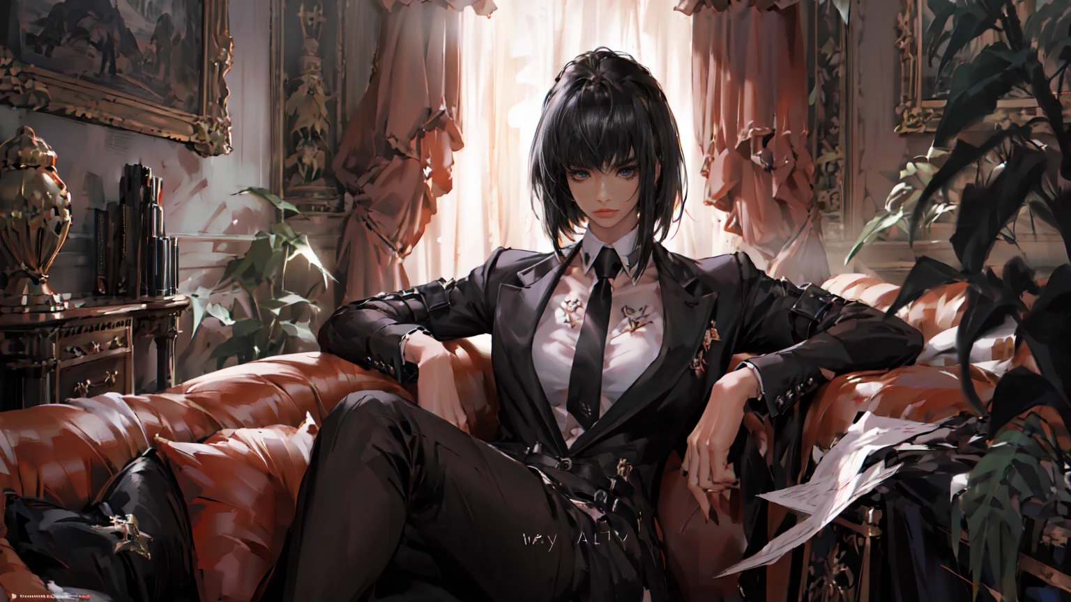 (Epic Showcase: like Arknights Character banner , Designs in Detail)(Masterpiece, Best Quality, Ultra High Resolution , Digital Art,Beautiful and Aesthetic )Perfect proportions of the body , not an ordinary perspective . .the whole body is covered by clothes. (strict posture , One Fashionable adult girl with a short oblique bob, slender figure, ) in modern men's suit in professional performance , matte black color , lovely thin white but long tie , (silk thick threads of red color connect the necklines on the sides of the whole suit) , . The character sits on a large massive sofa with lots of leather , an interesting and atmospheric pose that characterizes the character ,(Photorealistic style combined 2.5D . realistic anatomy , beautiful perspective . Best image quality , pastel color , focus on the face , Big Hair ( black with red gelding ) , well detailed eyes , detailed background in modern boudoir style . )