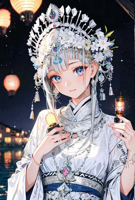 beautiful girl，exquisite facial features，skin details，bright eyes，unique，minority，silver，gorgeous headdress，portable lanterns