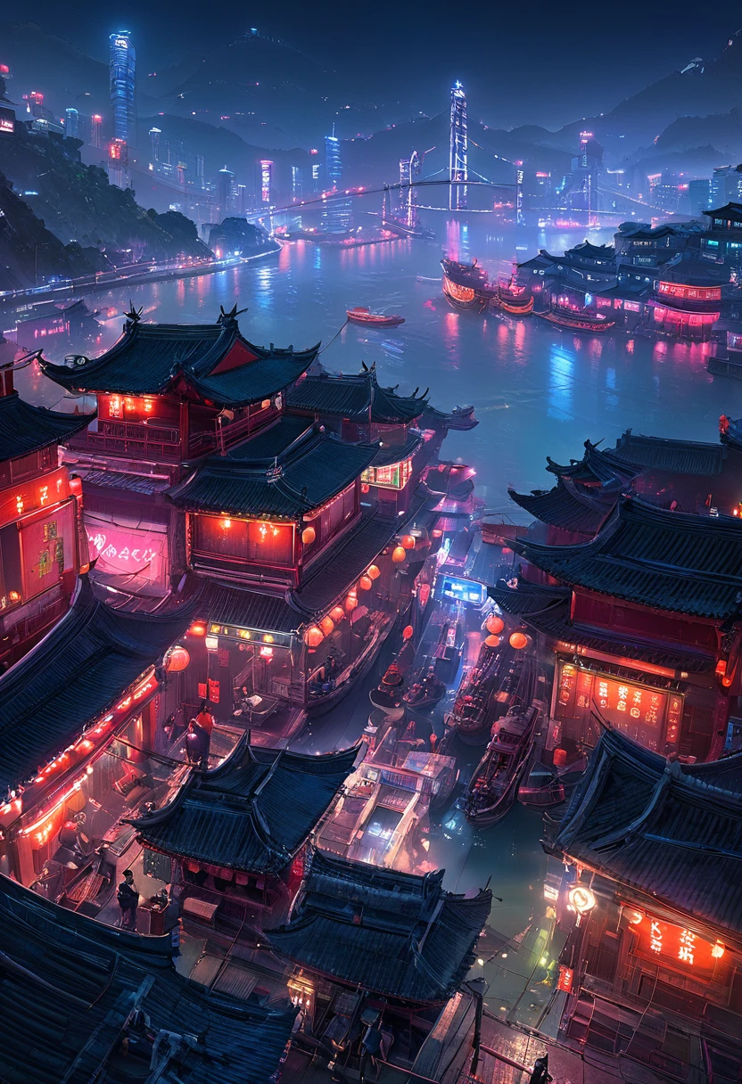 Network City, (蓝色of:1.3)，（红色of:1.4）,（of:1.2）,(port:1.3), (Boat:1.2),  Neon, landscape, Chinese_architecture, outdoor, road, night, symbol, street, Riot,

criminal,(Aerial View:1.2),