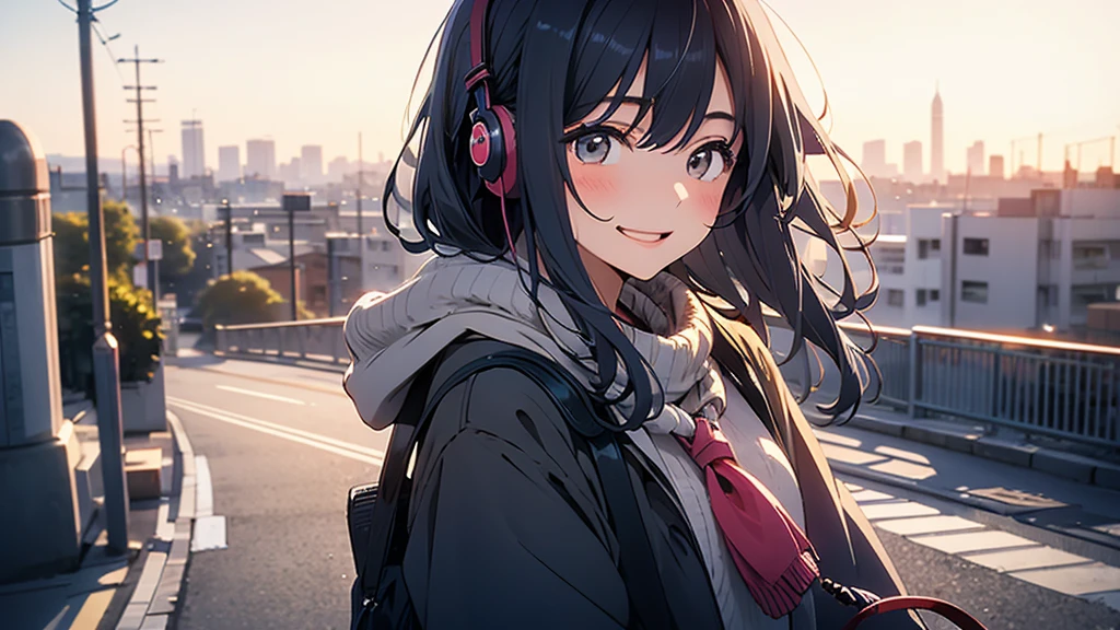 Une très belle Japonaise de 18 ans avec la ville en arrière-plan. La femme a de petits écouteurs dans les oreilles et a l’air très heureuse.