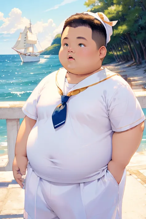 sailor，White clothes and hat，overweight，obesity，on board，Look into the distance，cute，high quality，high-definition，masterpiece，