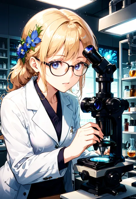 (Wearing Glasses), a scientist is focusing on observing samples under a microscope. Her glasses reflect the laboratory light, an...