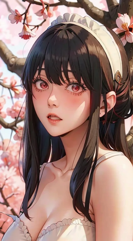 nude, Youghal, (Mature,  bangs, side lock, red eyes, black hair, hair ornaments, Popping milk 3),girl portrait, (face:1.2), Female student, 笑face,bare shoulders, black hair, Cherry Blossom), willow branches, (Masterpiece of the highest quality :1.2),  NSFW