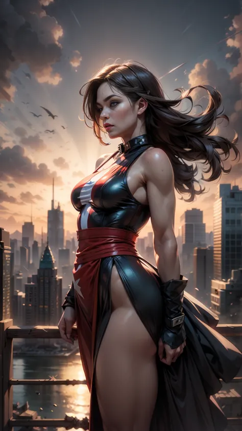 a modern-day warrior woman draped in her country's flag, standing atop a hill with a cityscape below, the scene rendered in dram...