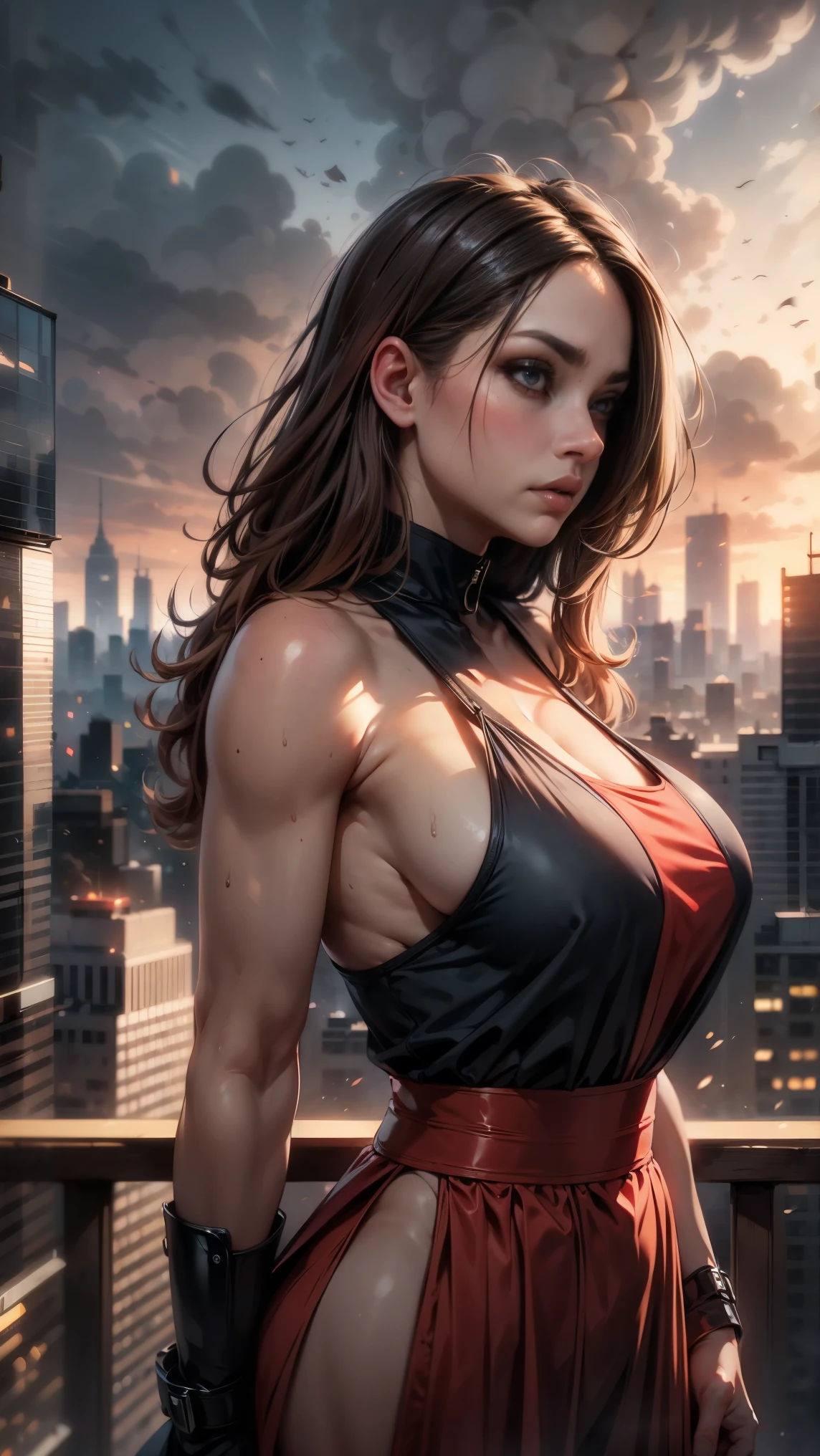 A modern-day warrior woman draped in her country's flag, standing atop a hill with a cityscape below, the scene rendered in dramatic lighting that emphasizes her strength and the dynamic composition of the patriotic theme.