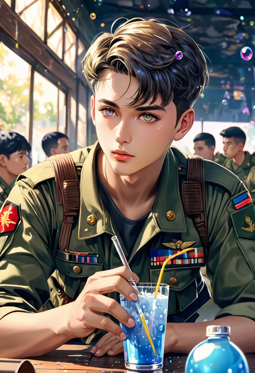 (work of art), (best qualityer), (ultra detaild),(short fade hair),(illustration), (1 men), sitting down, (drinking), Militar Apositting down,(detailed back ground),beautiful detailed eyes, delicate and beautiful face, (high saturation),(colorful splashing),colorful bubble,(glimmering), facefocus, humans around, better lighting, best shade, 1 just bad