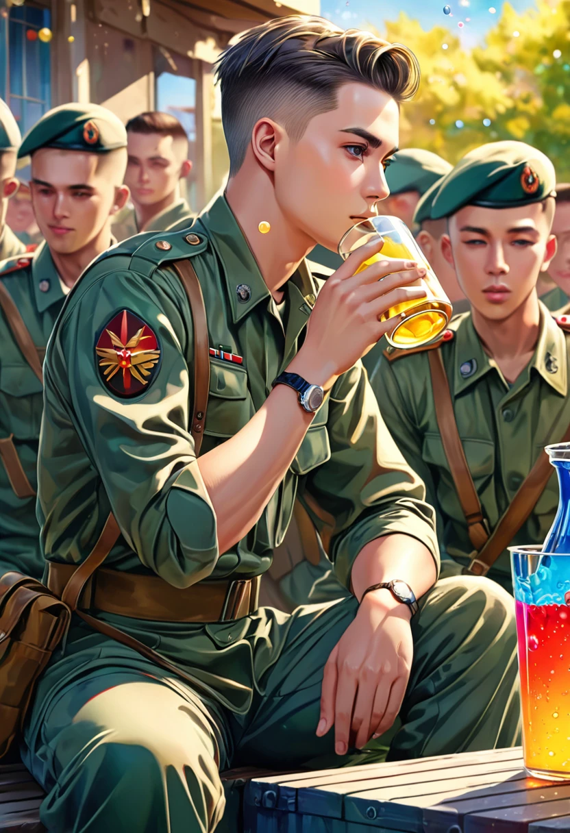 (work of art), (best qualityer), (ultra detaild),(short fade hair),(illustration), (1 men), sitting down, (drinking), Militar Apositting down,(detailed back ground),beautiful detailed eyes, delicate and beautiful face, (high saturation),(colorful splashing),colorful bubble,(glimmering), facefocus, humans around, better lighting, best shade, 1 just bad