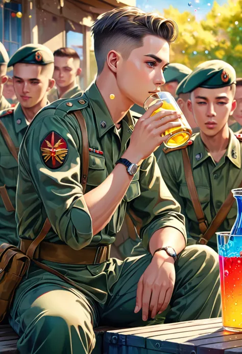 (work of art), (best qualityer), (ultra detaild),(short fade hair),(illustration), (1 men), sitting down, (drinking), militar ap...