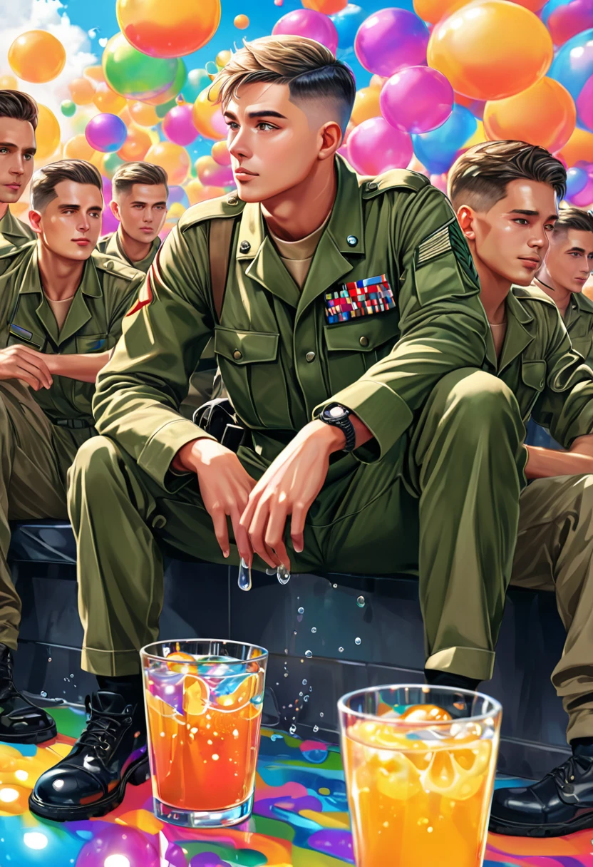 (work of art), (best qualityer), (ultra detaild),(short fade hair),(illustration), (1 men), sitting down, (drinking), Militar Apositting down,(detailed back ground),beautiful detailed eyes, delicate and beautiful face, (high saturation),(colorful splashing),colorful bubble,(glimmering), facefocus, humans around, better lighting, best shade, 1 just bad