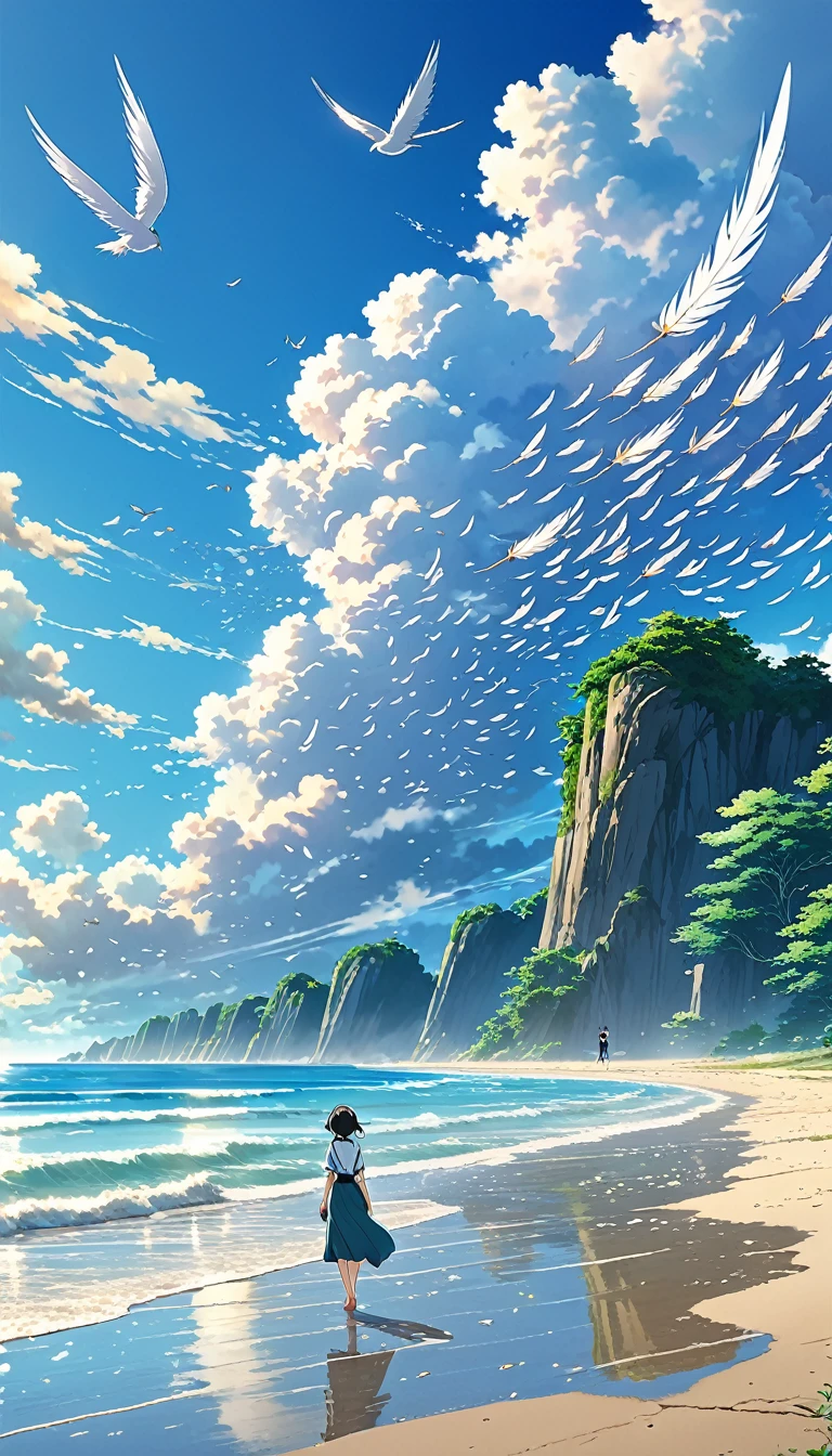 Well detailed anime landscape, The 100 series poster style with people falling from the sky, Os 100, people falling to the sky, beautiful horizon on the beach, floating wing feathers
 falling seen from afar, clouds, small with brush strokes, serene sky anime nature wallpaper, anime beautiful scene, beautiful anime peace scene, Makoto Shinkai Cyril Rolando, beautiful anime scene, amazing wallpaper, wallpaper anime art 8k, anime background, anime art background, anime 4k wallpaper, anime art 4k wallpaper, anime art 4k wallpaper,