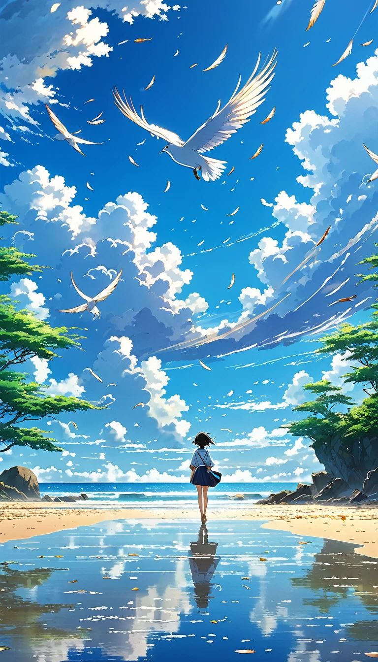 Well detailed anime landscape, The 100 series poster style with people falling from the sky, Os 100, people falling to the sky, beautiful horizon on the beach, floating wing feathers
 falling seen from afar, clouds, small with brush strokes, serene sky anime nature wallpaper, anime beautiful scene, beautiful anime peace scene, Makoto Shinkai Cyril Rolando, beautiful anime scene, amazing wallpaper, wallpaper anime art 8k, anime background, anime art background, anime 4k wallpaper, anime art 4k wallpaper, anime art 4k wallpaper,