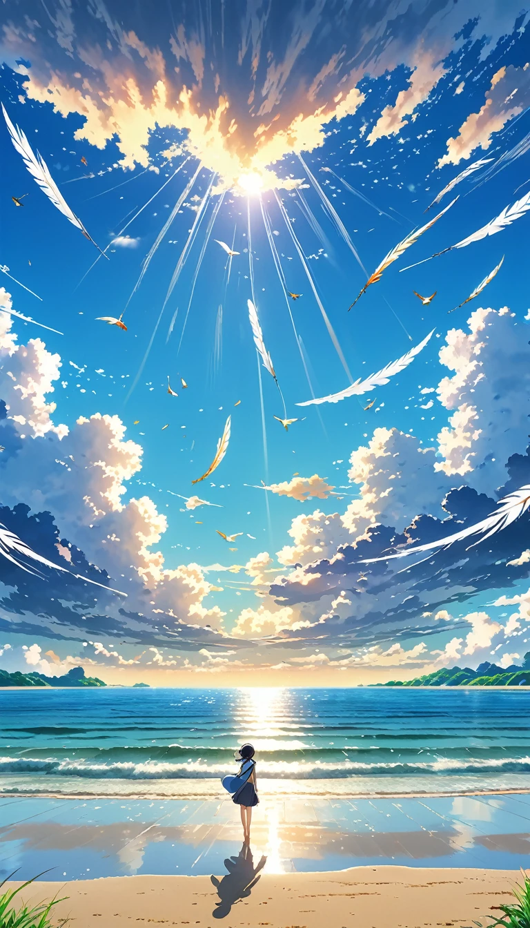 Well detailed anime landscape, The 100 series poster style with people falling from the sky, Os 100, people falling to the sky, beautiful horizon on the beach, floating wing feathers
 falling seen from afar, clouds, small with brush strokes, serene sky anime nature wallpaper, anime beautiful scene, beautiful anime peace scene, Makoto Shinkai Cyril Rolando, beautiful anime scene, amazing wallpaper, wallpaper anime art 8k, anime background, anime art background, anime 4k wallpaper, anime art 4k wallpaper, anime art 4k wallpaper,