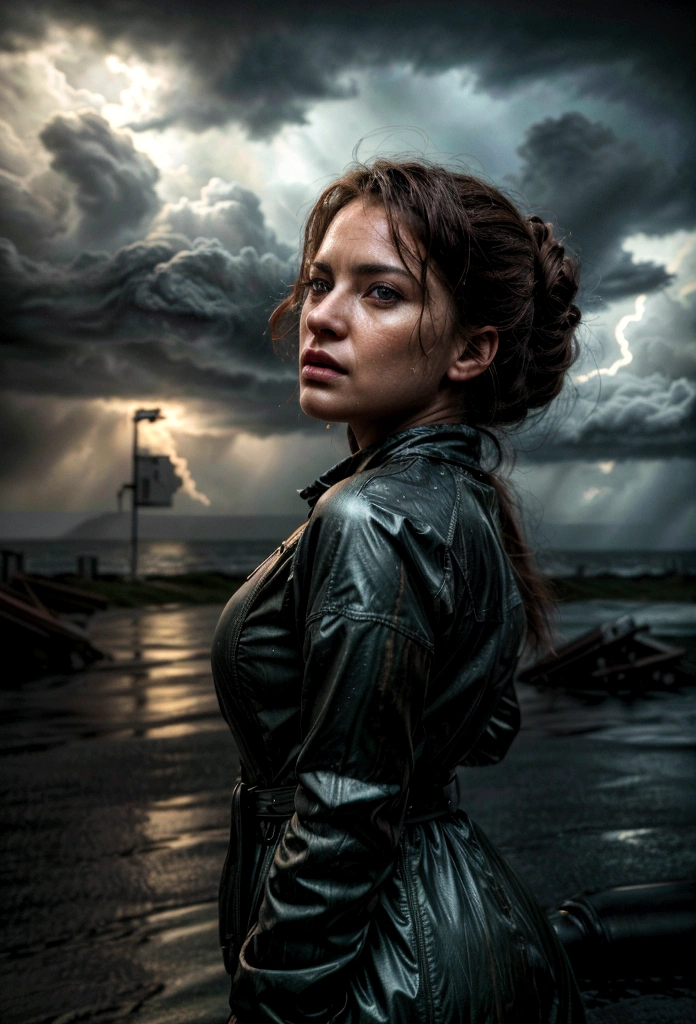 a woman in a hurricane, , beautiful woman, photorealistic, 8k, masterpiece, (best quality, 4k, 8k, highres, masterpiece:1.2), ultra-detailed, (realistic, photorealistic, photo-realistic:1.37), dramatic lighting, dynamic pose, swirling wind, rain, stormy sky, cinematic, epic scale, atmospheric, moody colors, muted tones