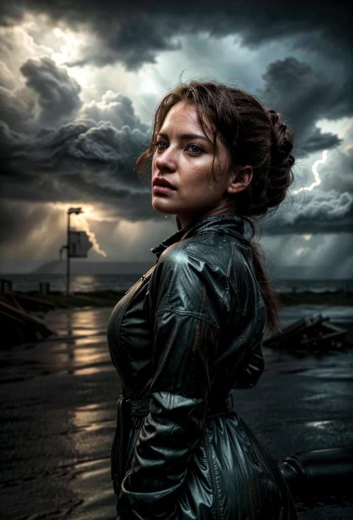 a woman in a hurricane, , beautiful woman, photorealistic, 8k, masterpiece, (best quality, 4k, 8k, highres, masterpiece:1.2), ul...
