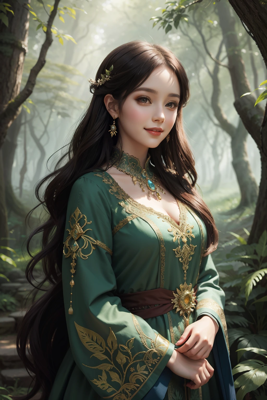 Porträt einer Frau in einem alten mystischen Wald mit digitaler Malerei im Fantasy-Landschaftsstil, Lächeln Meisterwerk, beste Qualität, komplizierte Details,