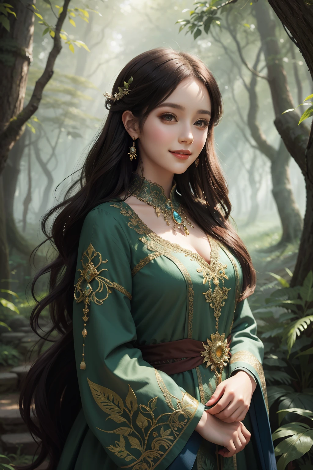 porrtrait of  a woman in an ancient mystical forest with digital painting in a fantasy landscape style, smile
 masterpiece, best quality, intricate detail,