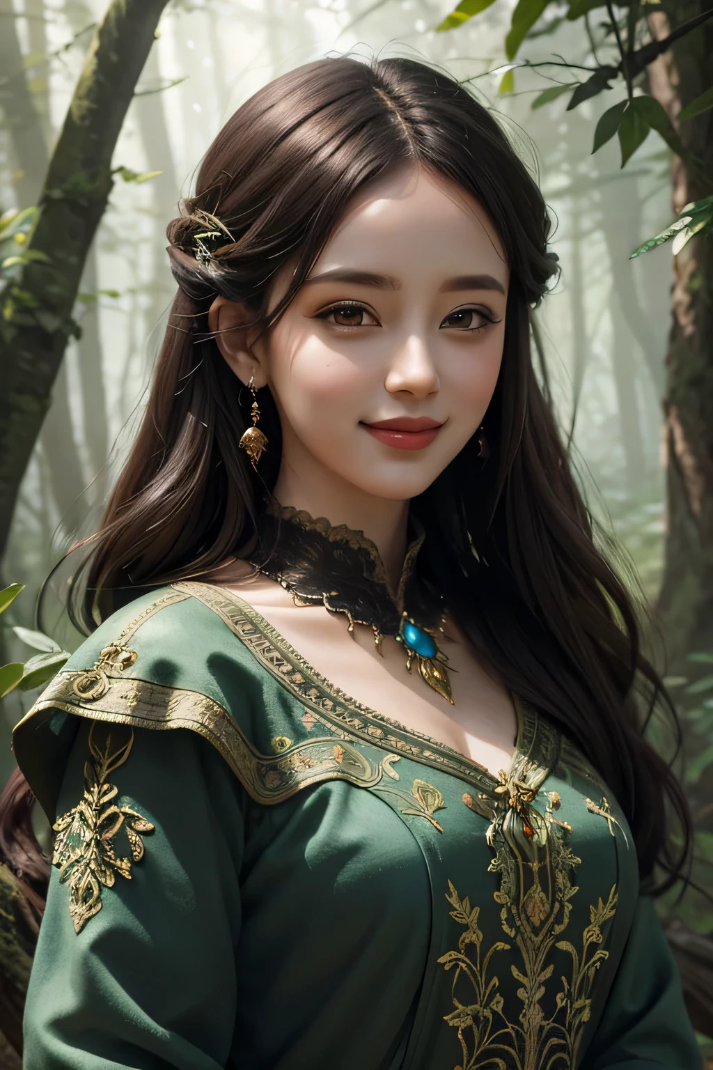 retrato de uma mulher em uma antiga floresta mística com pintura digital em estilo paisagem de fantasia, obra-prima do sorriso, melhor qualidade, detalhe intrincado,