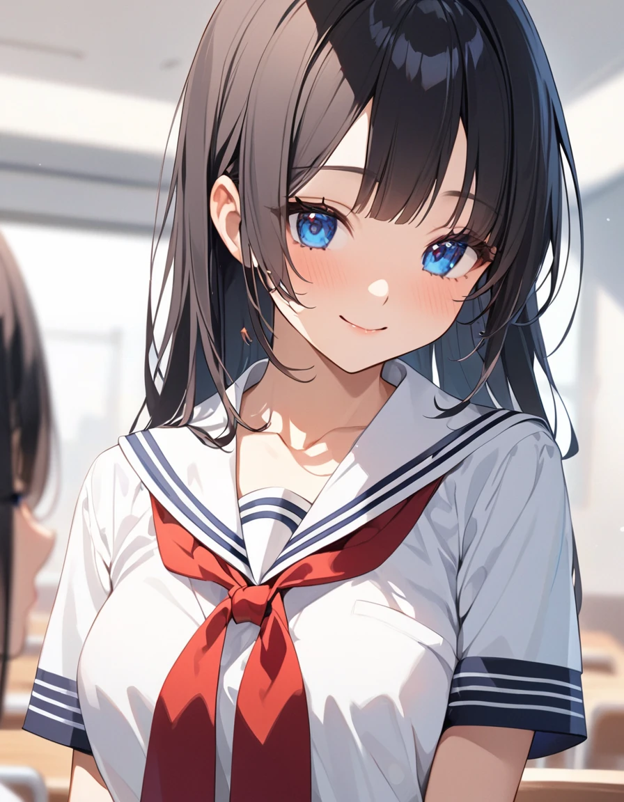 (Highest qualityのイラスト:1.2),  (1 girl、18-year-old), (Kind eyes、blue eyes:1.2)、Black Hair、Semi-long hair、bangs、(Highest quality、Very detailed、cute、Ultra-high resolution) 、High School Uniform｛White Sailor Suit、Black collar、Red neckerchief、Short sleeve、Cleavage)、School classroom、Slightly larger breasts、smile, from side