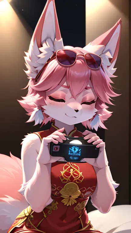 Very detailed content, high quality, masterpiece, beautiful, Yae Miko Fox,  With eyes closed,, Telephone, sunglasses,，hand（Fox P...