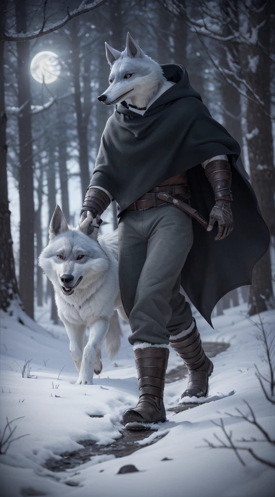 death (puss in boots), male, muscular, wolf, canid, fluffy, standing, night, forest, claws, paws, low angle view, long hair, black sclera, red eyes, tail, front view, action pose, (black poncho:1.2), clothed, bottomwear, pants, belt, white body, black fur, black fur, grey fur, forest, moonlight night,
BREAK,
by virtyalfobo, by anchee, by snowskau, by foxovh, by sabretoothed ermine, (intricate, high detail, film photography, soft focus, RAW candid cinema,
photorealism, realistic, photorealistic, analog style, subsurface scattering,
masterpiece, best quality, ultra realistic, 8k)