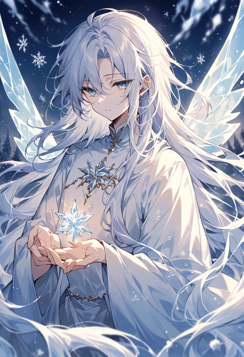 ((Highest quality)), ((masterpiece)), (detailed), ((Perfect Face))、A mysterious young man who embodies a snow fairy., Delicate, Translucent wings sparkling in the light of the full moon. he is in a snowy landscape, Surrounded by sparkling snowflakes. his hair is silvery white, Flowing gently in the cold wind, And his eyes are a piercing icy blue. His outfit、It is a combination of silvery white and light blue fabric that resembles a layer of frost and ice.。, Bring out his otherworldly beauty. The scene creates a tranquil and magical atmosphere., Under the starry winter sky