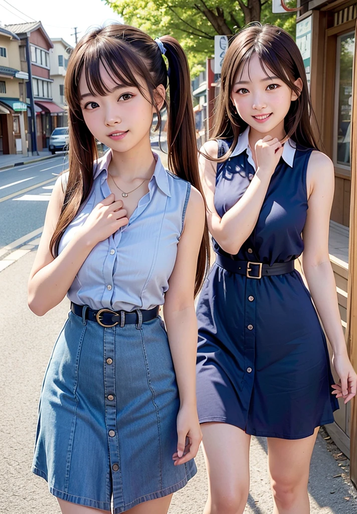 (Highest quality,masterpiece:1.3,Ultra-high resolution),(Very detailed、Caustics) (Realistic:1.4, RAW shooting、)Ultra-Realistic Capture、Very detailed、Natural skin texture、masterpiece、(Japanese woman wearing a sleeveless navy button-down shirt dress:1.3), Ring Belt、Adorable expression、Expressions of happiness、14 years old、height: 160cm、Young Face、Amazingly cute、Twin tails、Straight hair、Scrunchie、Black Hair、light makeup、necklace、H-cup busty、Shining thighs、Skin Arm、Background details、smile、An inviting gaze、Anatomically correct、Cowboy Shot、Attention to detail、Photographed on the main street of a summer resort、karate、