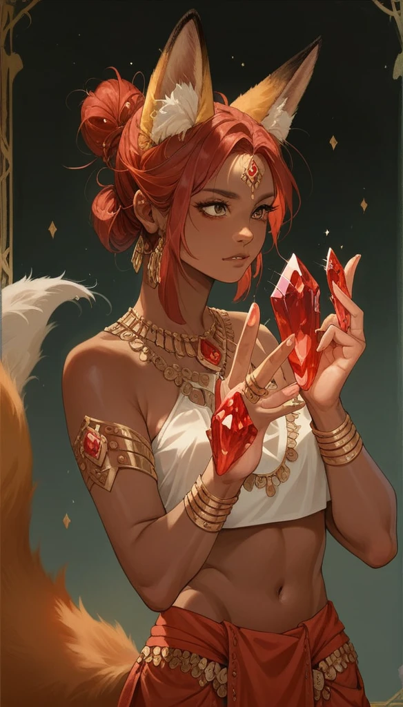 score_9, score_8_up, score_7_up, score_6_up, score_5_up, score_4_up, 
female, (fox:1.2), animal ears, animal tail, holding (2 red magic Crystals floating on hands), (hands_up:0.75), jewelery, hair_bun, dark_skin, dark_skinned_female, red hair, brown eyes, eyelashes, frills, (Translucent arabic {croptop, shorts}),
Full body standing painting, (((solo))), Simple line design, ((tarot card background, symmetric beauty)), perfectly symmetrical, The art of symmetry, Standing drawings of characters, ((flatcolors)), tmasterpiecetop Qualities qualtiy