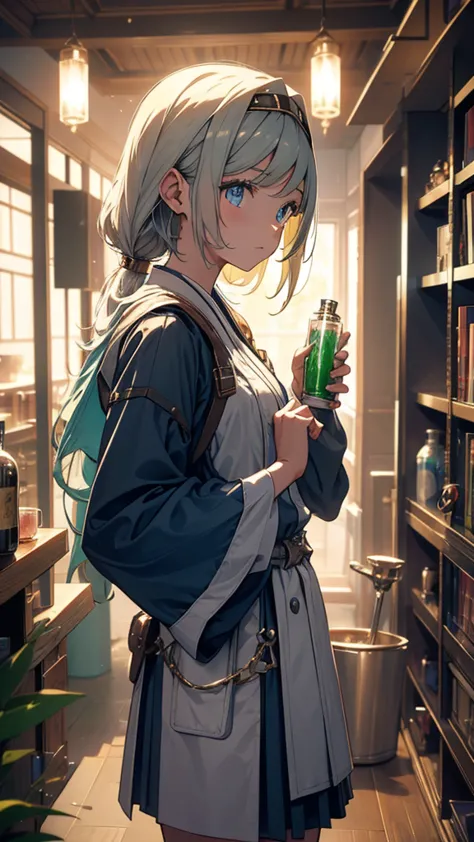 Magic researcher girl。He holds a flask filled with green liquid、Smoke is coming out。There are many thick dictionaries stacked up...