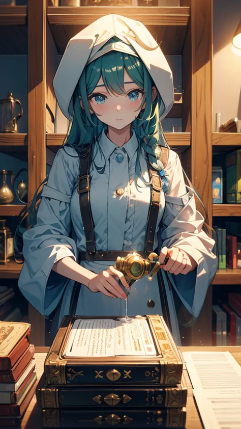 magic researcher girl。he holds a flask filled with green liquid、smoke is coming out。there are many thick dictionaries stacked up...