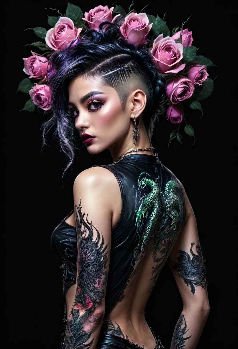 (best quality, 4k, 8K, high resolution, masterpiece: 1.2), ultra detailed: 1.4, back of a beautiful punk woman with a black dragon tattoo with roses, perfect body, mohawk hair:1,3 (photorealistic , intricate details: 1.37), highly detailed face, extremely detailed facial features, hyper-realistic skin texture, detailed skin texture, masterpiece, 8k, beautiful detailed eyes, beautiful detailed lips, extremely detailed face, long eyelashes, realistic, extremely details fine, photorealistic, dramatic lighting, moody lighting, cinematic lighting, physically based rendering, vivid colors, dramatic lighting, intricate details, cinematic composition, gothic fashion, dramatic pose