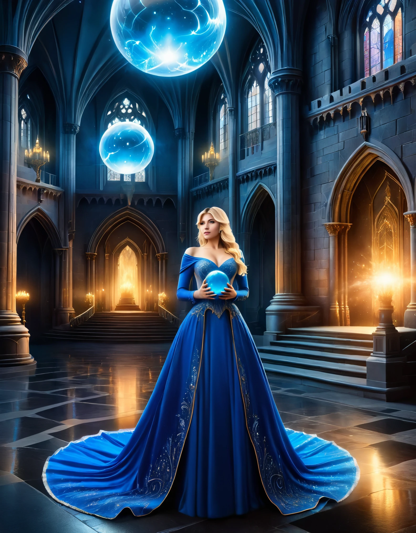 A blonde woman in a blue gown, holding a glowing orb, standing in a majestic fantasy castle with towering spires and intricate details.